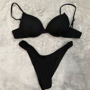Black Textured Bikini Set - Women Swim
